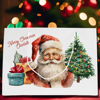 Grand Sac Cadeau Aquarelle Santa Claus Ajouter Nom Cute