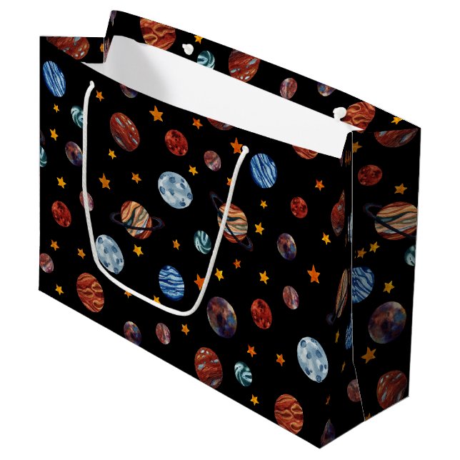 Grand Sac Cadeau Aquarelle spatiale Planètes et étoiles (Devant Angle)