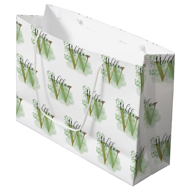 Grand Sac Cadeau Aquarelle verte personnalisée et initiale florale (Devant Angle)