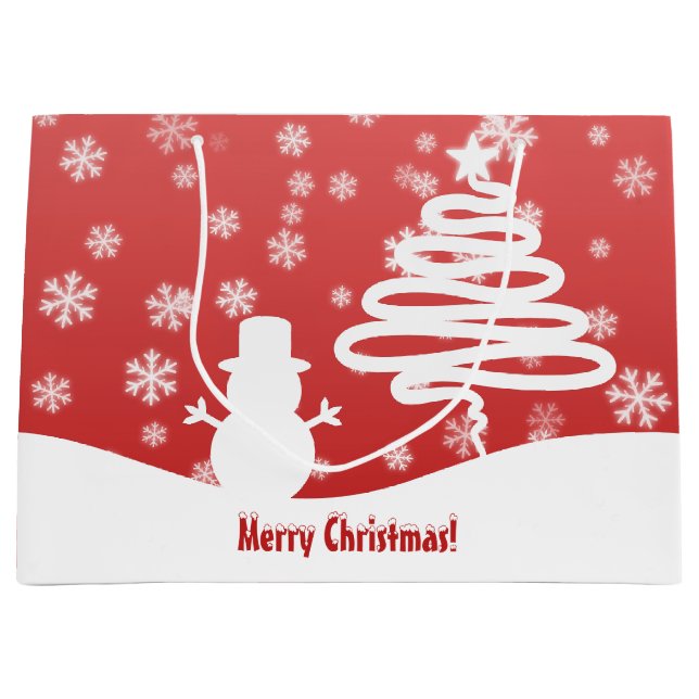 Grand Sac Cadeau Arbre de Noël blanc et Snowman (Devant)