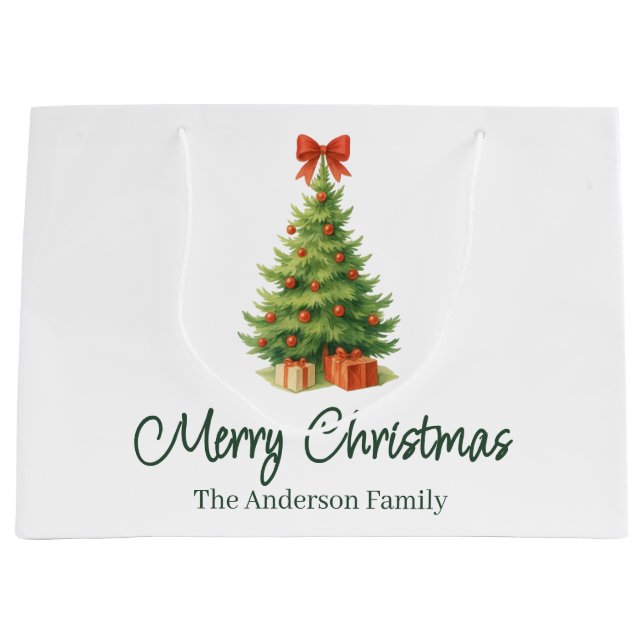 Grand Sac Cadeau Arbre de Noël élégant avec Bow rouge et présents - (Devant)