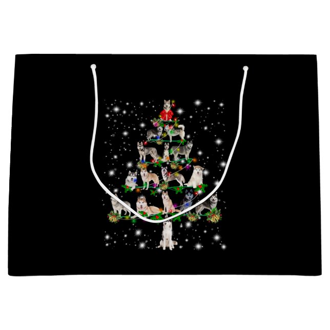 Grand Sac Cadeau Arbre De Noël Husky Couvert De Flamme De Feu (Devant)
