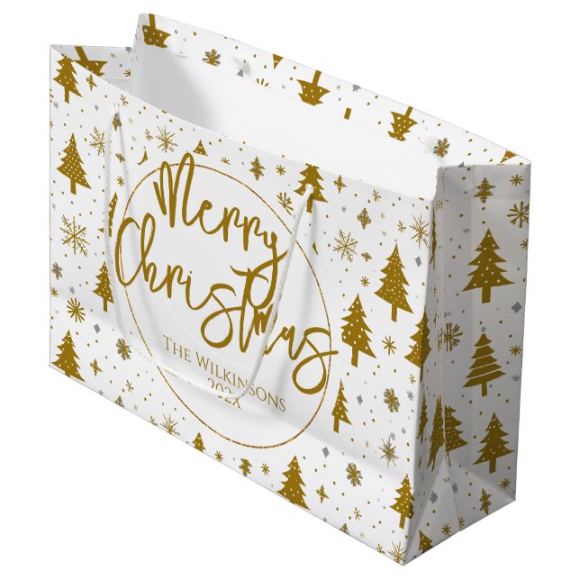 Grand Sac Cadeau Arbre de Noël minimal Or blanc (Devant Angle)