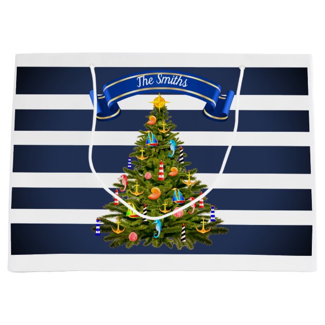 Grand Sac Cadeau Arbre de Noël nautique personnalisé (Devant)