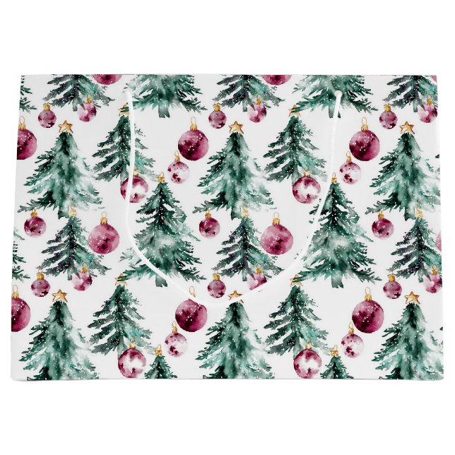 Grand Sac Cadeau Arbres de Noël Bourgogne verte (Devant)