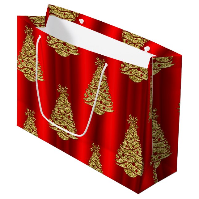 Grand Sac Cadeau Arbres de Noël dorés en rouge (Devant Angle)