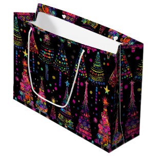 Grand Sac Cadeau Arbres de Noël psychédéliques en noir