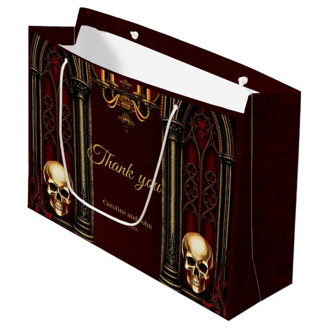 Grand Sac Cadeau Arche gothique aux crânes. (Devant Angle)