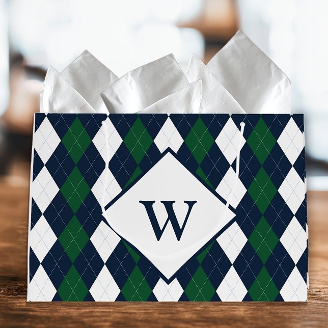 Grand Sac Cadeau Argyle Monogrammé Bleu et Vert (Argyle Monogram Gift Bag)