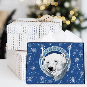 Grand Sac Cadeau Art Nouveau Ours Polaire Flocons de Neige Bleu Sér