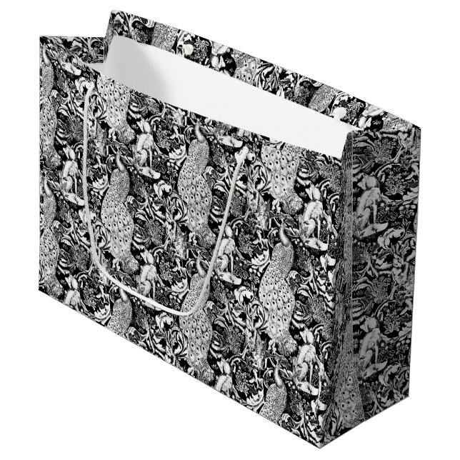 Grand Sac Cadeau Art Nouveau Peacock Print, noir et blanc (Devant Angle)