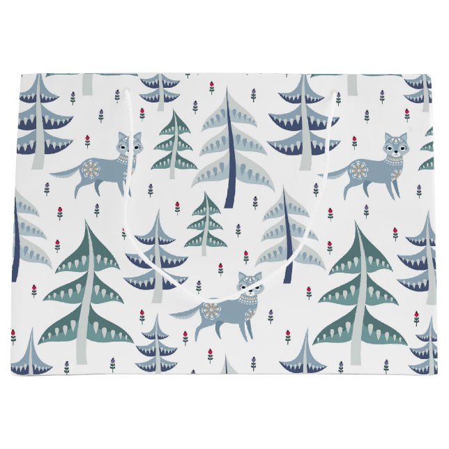 Grand Sac Cadeau Art populaire Renard d'hiver et arbres (Devant)