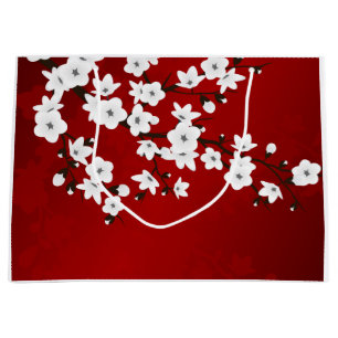 Grand Sac Cadeau Asie Fleurie Blanche Fleur de Cerisier Rouge
