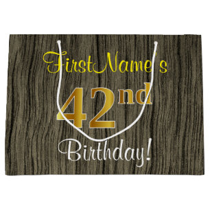 Grand Sac Cadeau Aspect Bois Faux, Or Faux 42e Anniversaire + Nom