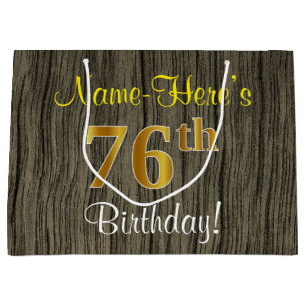 Grand Sac Cadeau Aspect Bois Faux, Or Faux 76e Anniversaire + Nom