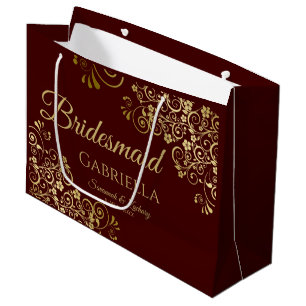 Grand Sac Cadeau Auburn Brown & Gold Lace Élégante Bridesmaid