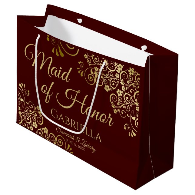 Grand Sac Cadeau Auburn Brown & Gold Lace Maid of Honor Mariage (Devant Angle)