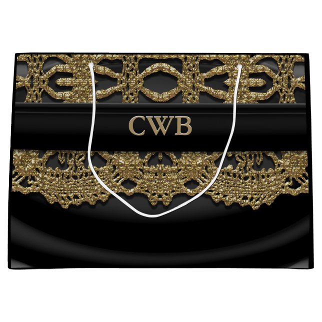 Grand Sac Cadeau Auré Victorian Black Élégant Monogramme (Devant)