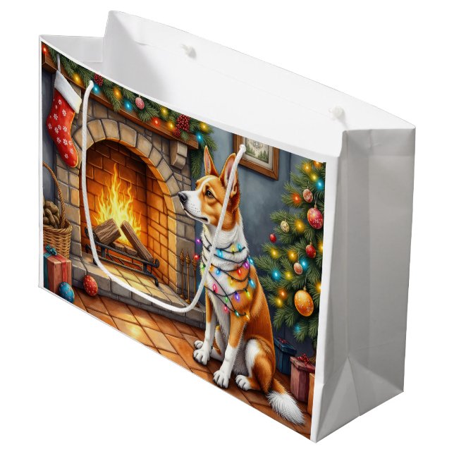 Grand Sac Cadeau Australian Kelpie Fireplace with Christmas Lights (Devant Angle)