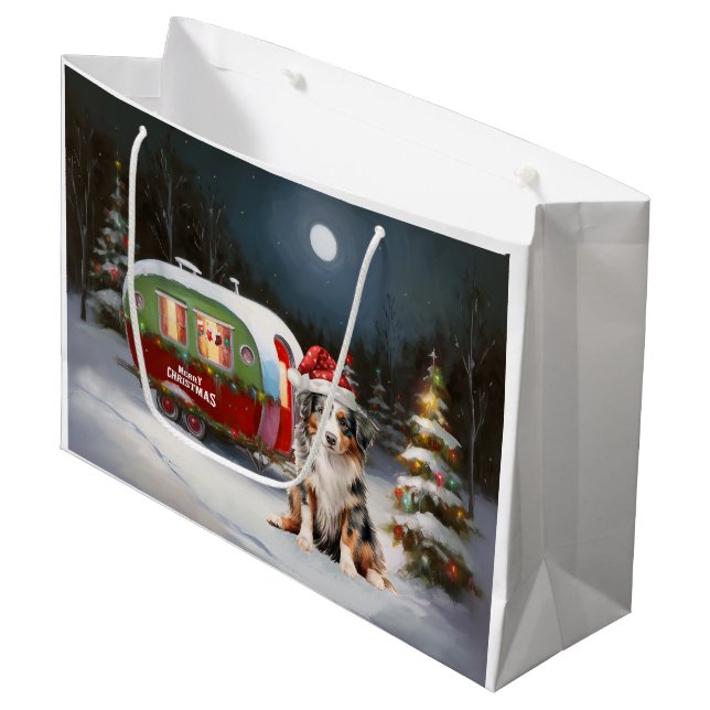 Grand Sac Cadeau Australian Shepherd Caravan Christmas Adventure (Devant Angle)