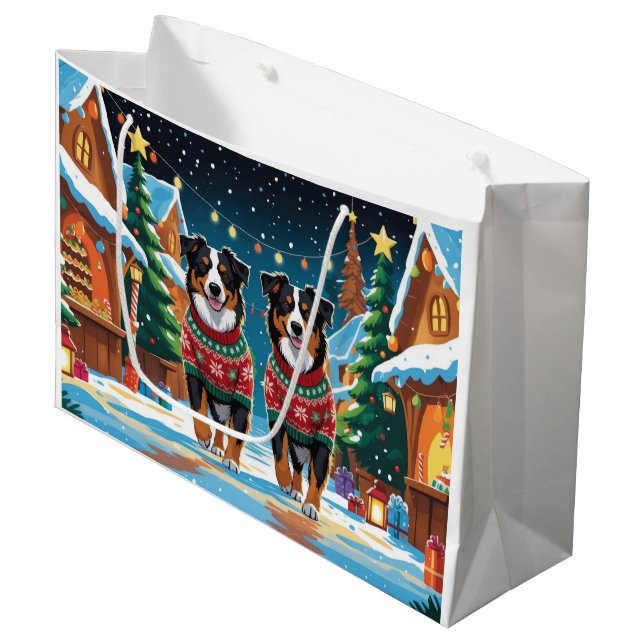 Grand Sac Cadeau Australian Shepherd Dogs Christmas Snow Holiday (Devant Angle)