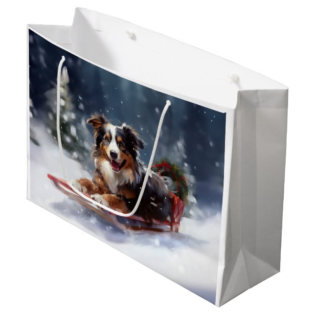 Grand Sac Cadeau Australian Shepherd hiver neige de Noël (Devant Angle)
