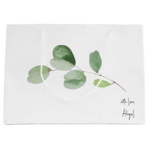 Grand Sac Cadeau Avec Amour, Nom Personnalisé Eucalyptus Blanc