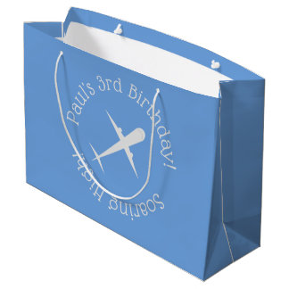 Grand Sac Cadeau Avion personnalisé en bleu, flambant haut