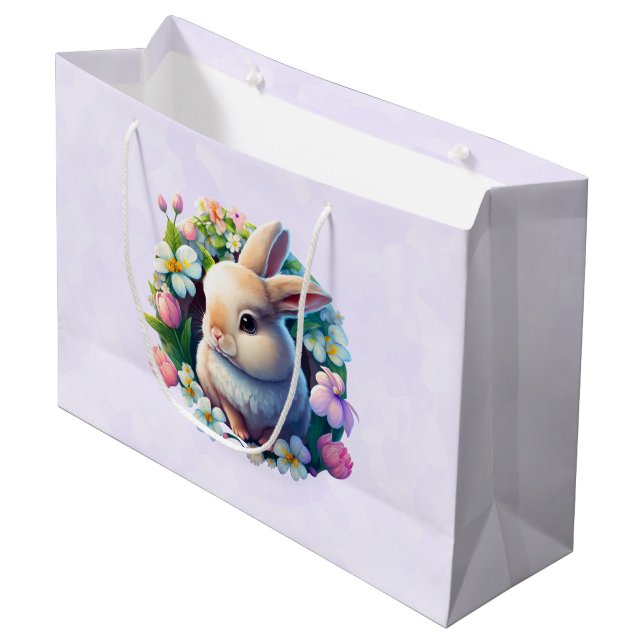 Grand Sac Cadeau Baby Bunny parmi les fleurs colorées de printemps (Devant Angle)