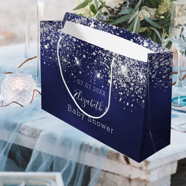 Grand Sac Cadeau Baby shower bleu marine parties scintillant blanch (Créateur téléchargé)