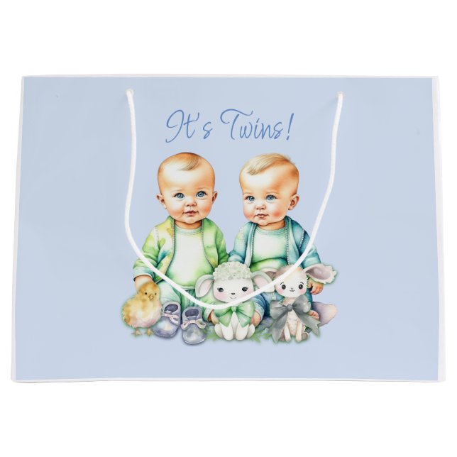 Grand Sac Cadeau Baby shower d'aquarelle Blue, Green Twins (Devant)