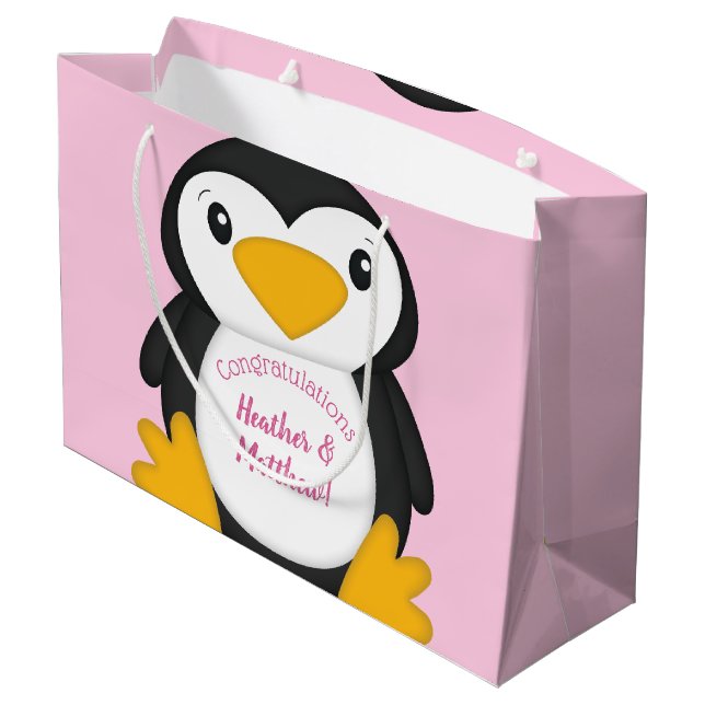 Grand Sac Cadeau Baby shower de pingouin rose (Dos Angle)