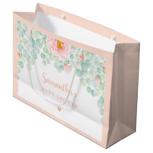 Grand Sac Cadeau Baby shower Eucalyptus Feuillage Floral Peach Sage