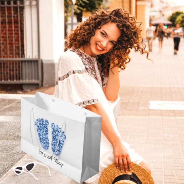 Grand Sac Cadeau Baby shower Feet C'est un garçon Bleu Marine Blanc (Baby Shower Feet It’s A Boy Blue Navy White Large Gift Bag)