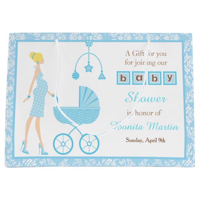 Grand Sac Cadeau Baby shower femme bleu Damask Blonde (Devant)