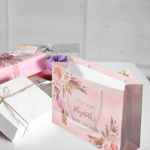 Grand Sac Cadeau Baby shower fille teddy pampas herbe rose fleuri