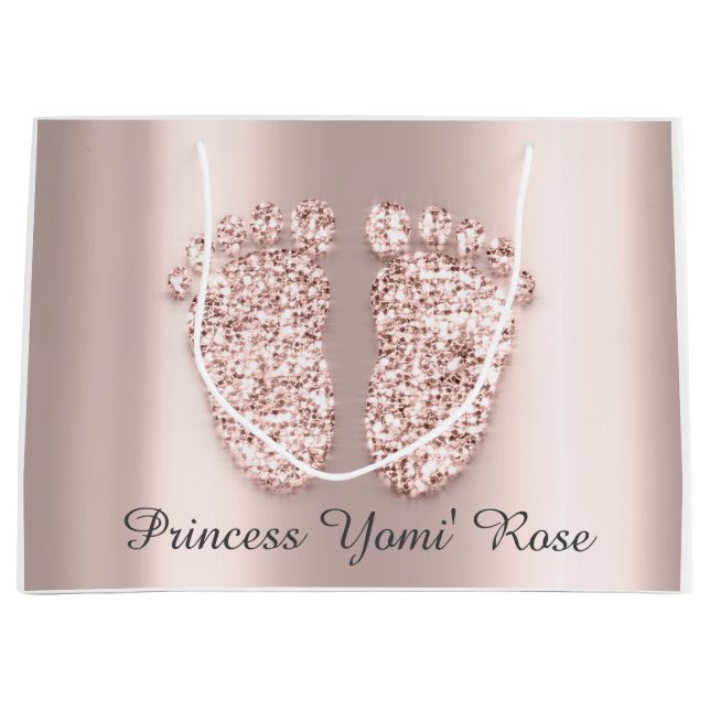 Grand Sac Cadeau Baby shower Pieds Garçon Fille Nom Rose Princesse (Devant)