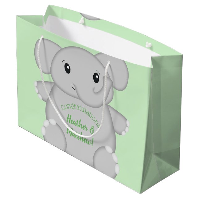 Grand Sac Cadeau Baby shower vert éléphant (Dos Angle)