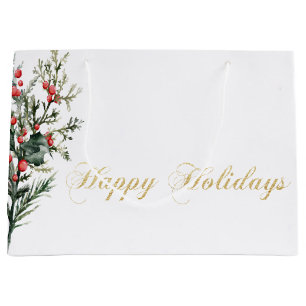 Grand Sac Cadeau Baies de houx en aquarelle verdure