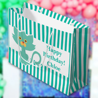 Grand Sac Cadeau Bande Aqua-Blanc ・ Chat ・ Personnalisé