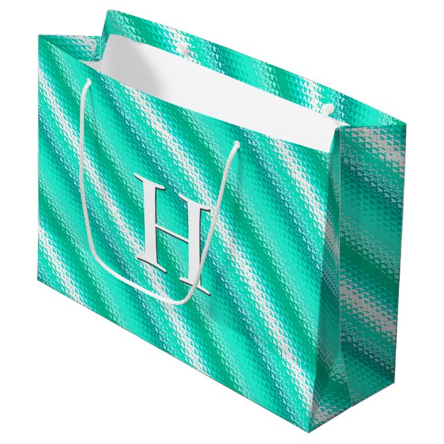 Grand Sac Cadeau Bandes de verre dépoli - turquoise et blanc (Devant Angle)