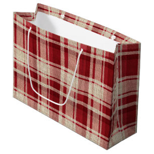 Grand Sac Cadeau Bandes Plaid Crème Rouge
