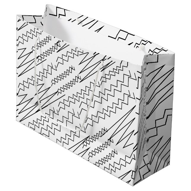 Grand Sac Cadeau Bandes Zigzag noir et blanc (Devant Angle)