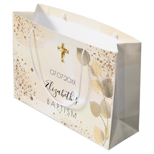 Grand Sac Cadeau Baptême eucalyptus parties scintillant or monogram (Dos Angle)