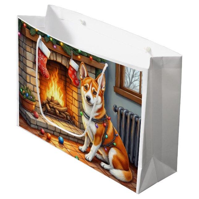 Grand Sac Cadeau Basenji Sitting by Fireplace with Christmas Lights (Devant Angle)