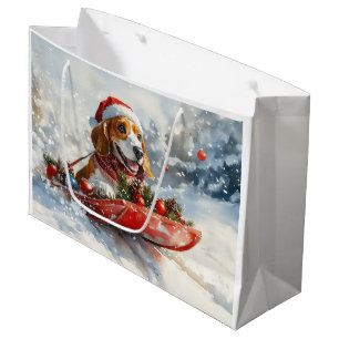 Grand Sac Cadeau Basset Hound Dog in Sledge Let it Neige Noël