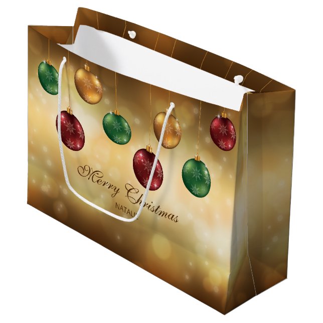 Grand Sac Cadeau Baubles De Noël Colorés Avec Texte Personnalisé (Devant Angle)