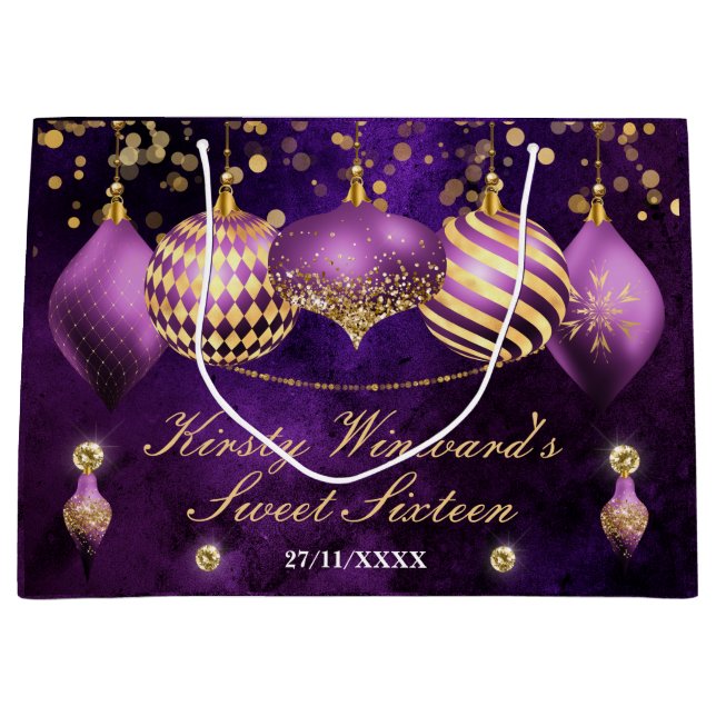 Grand Sac Cadeau Baubles de Noël pourpre et or doux 16 (Devant)