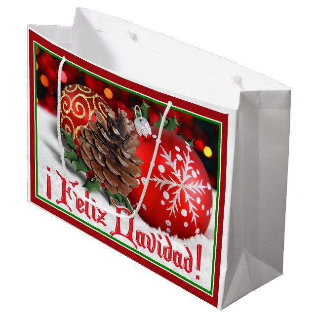 Grand Sac Cadeau Baubles & Pine Cones - Feliz Navidad (Devant Angle)