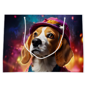 Grand Sac Cadeau Beagle dans un Casquette rose